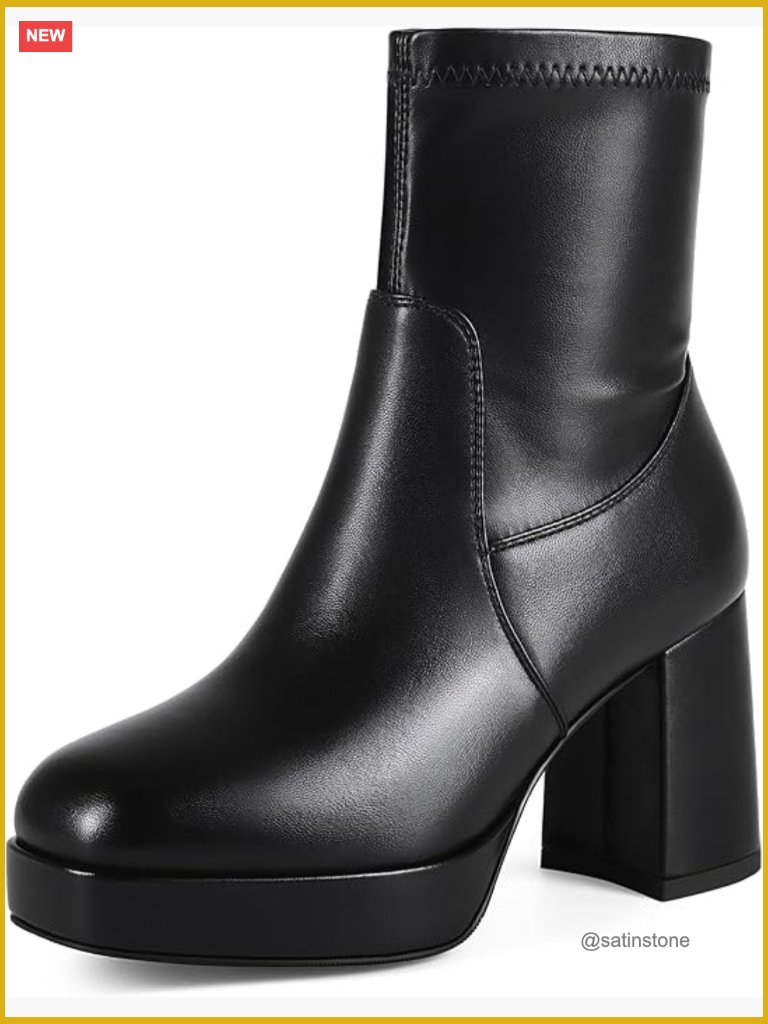 Square Toe Stretch Booties Chunky Heel Platform Ankle Boots Women Pu